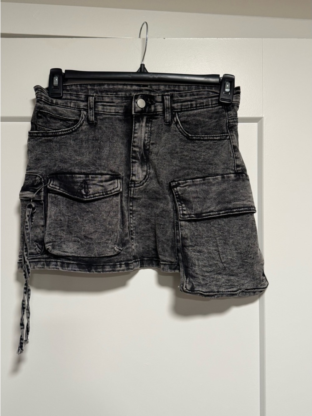 Charcoal Washed Denim Mini Skirt with Cargo Pockets